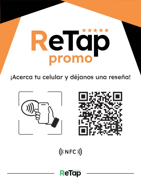 Acrílico Retap Promo, con su código QR y el aviso «Acerca tu celular y déjanos una reseña».