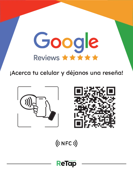 Retap Review en formato acrílico, con el logotipo de Google Reviews, un código QR y el aviso «Acerca tu celular y déjanos una reseña».